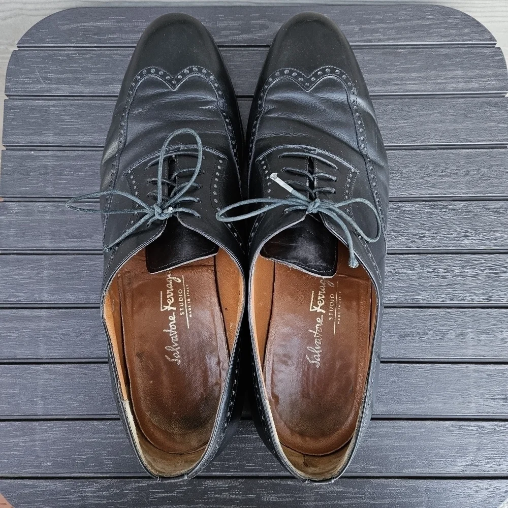 Salvatore Ferragamo Studio Italy Black Leather Wingtip Brogue Oxford Shoe 11.5 D